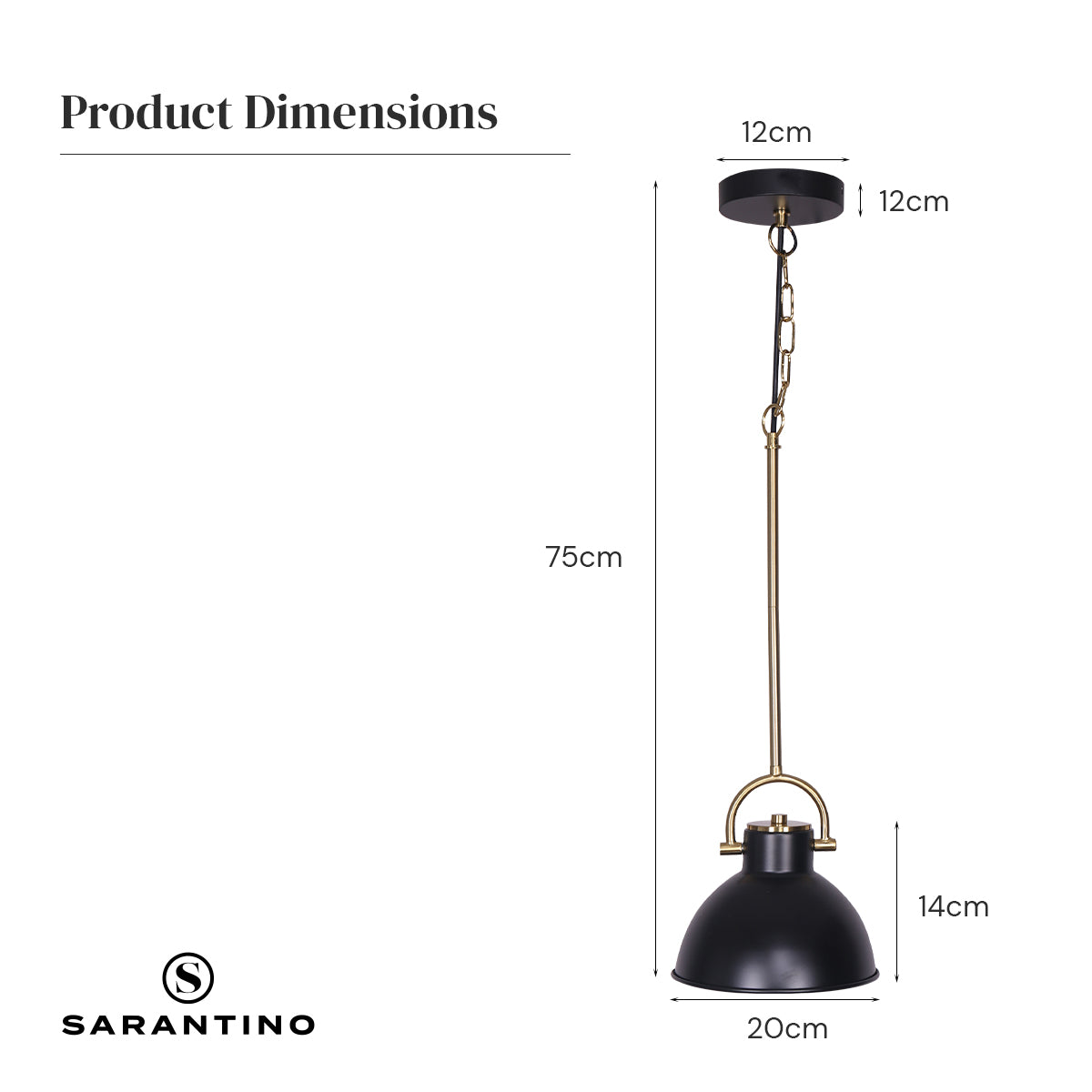 Sarantino Black and Gold Pendant Light showcasing matte black shade and brushed gold accents, adjustable height, and elegant design.