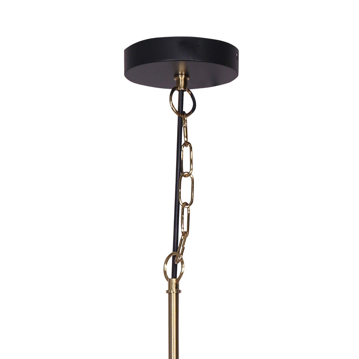 Sarantino Black and Gold Pendant Light showcasing matte black shade and brushed gold accents, adjustable height, and elegant design.