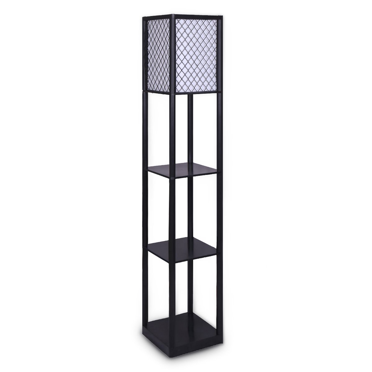 Sarantino Etagere Floor Lamp with diamond look fabric shade and three-tier shelves, perfect for displaying items.