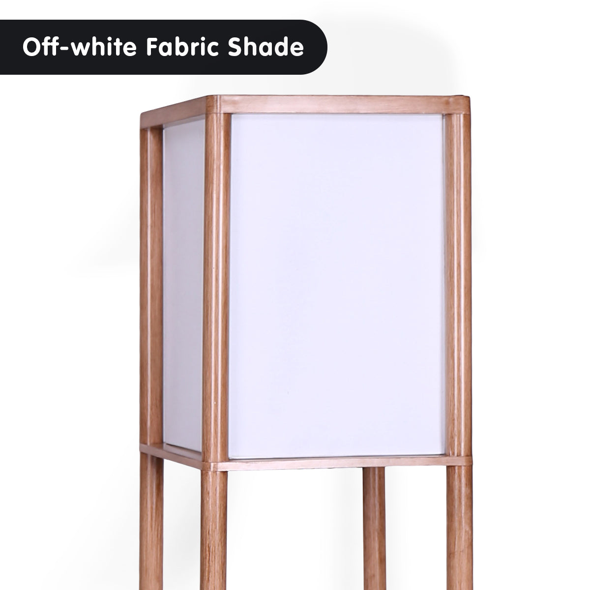 Sarantino Etagere Floor Lamp with off-white fabric shade and wood finish, featuring three shelves for display.