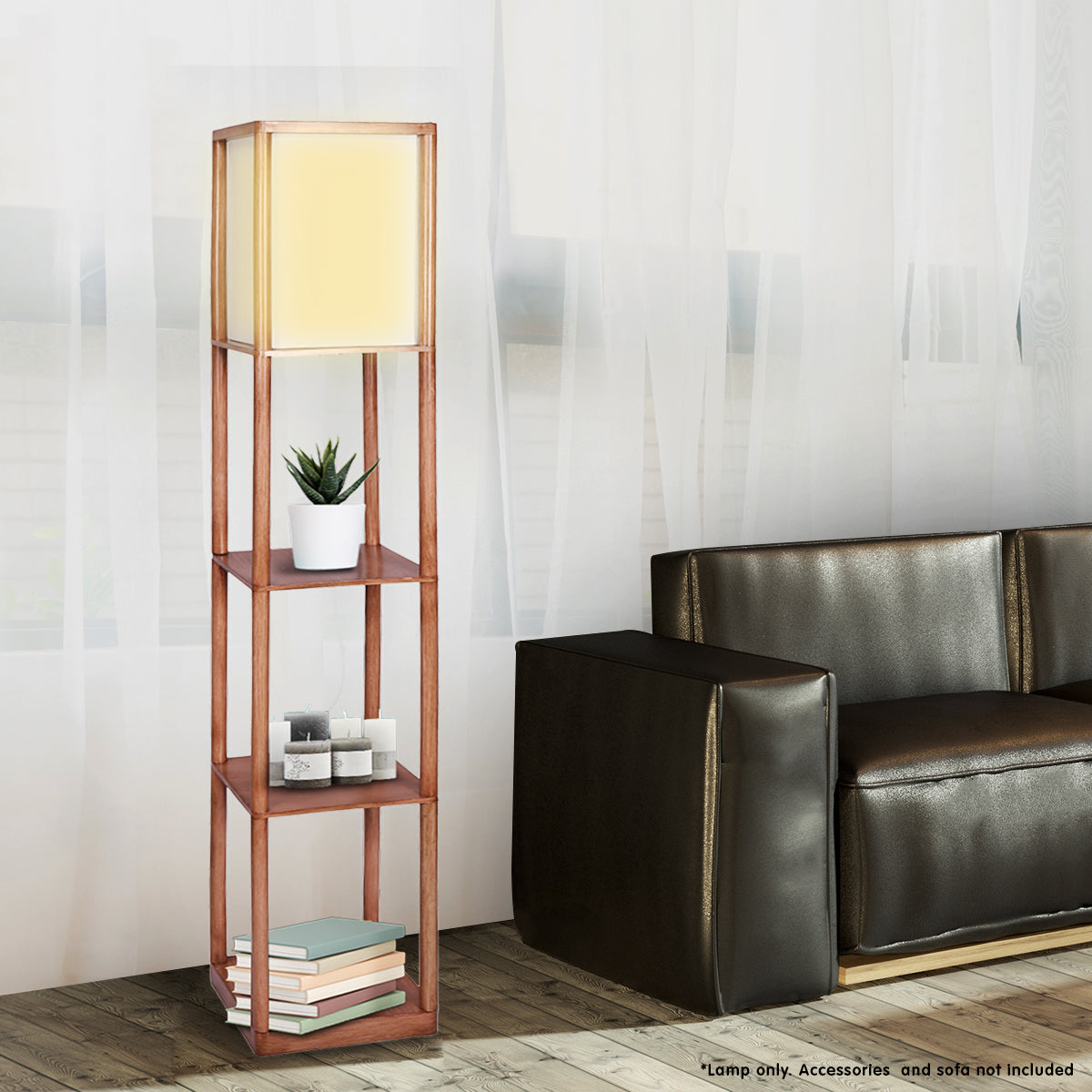 Sarantino Etagere Floor Lamp with off-white fabric shade and wood finish, featuring three shelves for display.