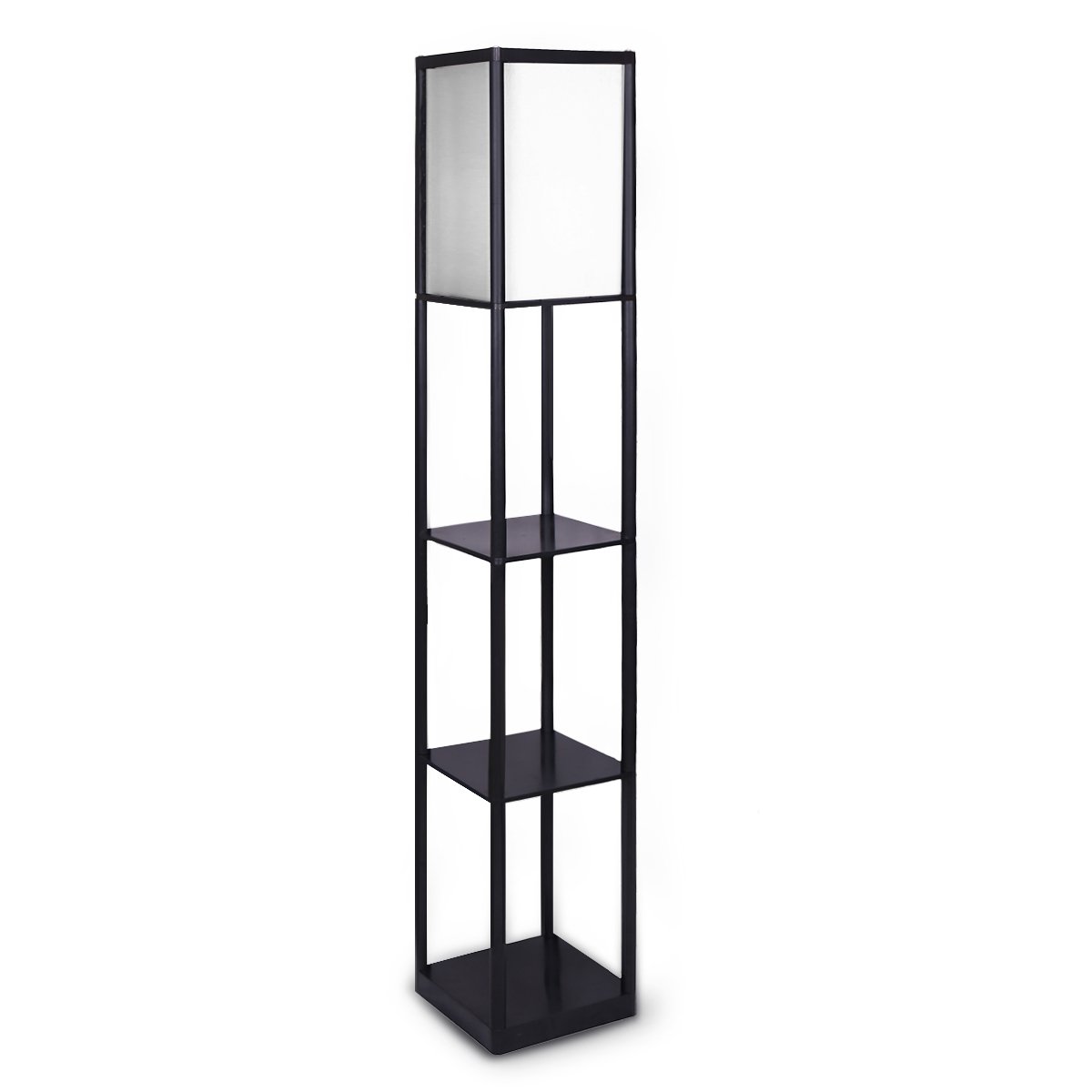 Sarantino Etagere Floor Lamp with black frame and brown fabric shade, featuring three shelves for storage.