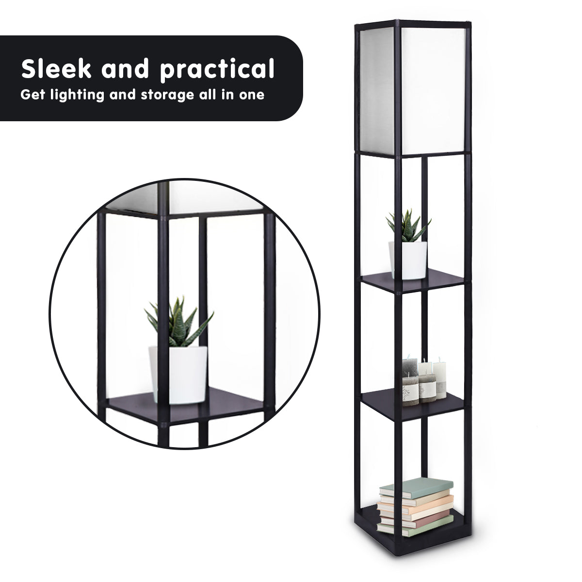 Sarantino Etagere Floor Lamp with black frame and brown fabric shade, featuring three shelves for storage.