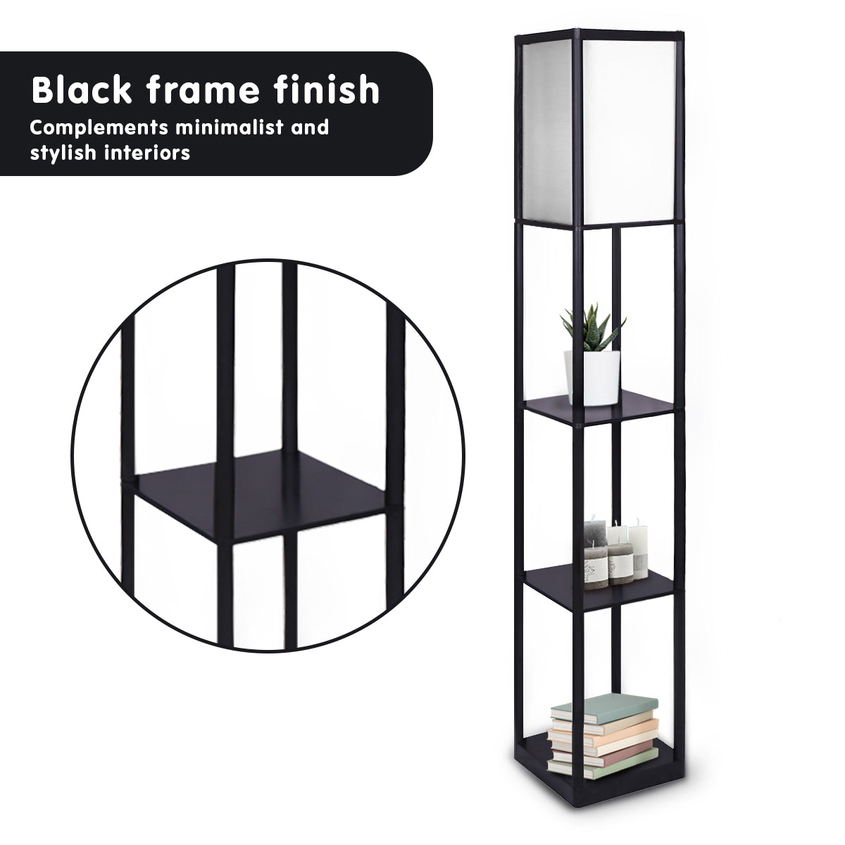 Sarantino Etagere Floor Lamp with black frame and brown fabric shade, featuring three shelves for storage.