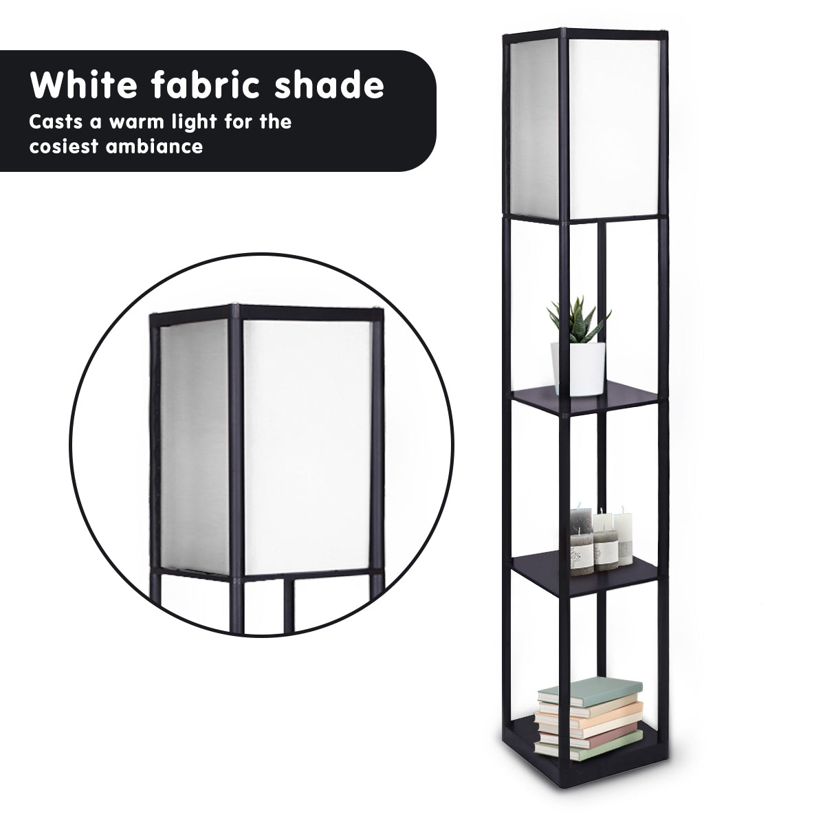 Sarantino Etagere Floor Lamp with black frame and brown fabric shade, featuring three shelves for storage.