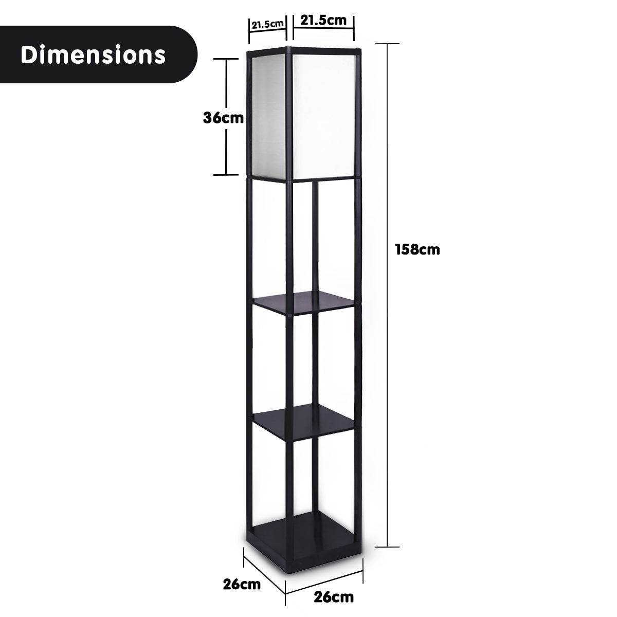 Sarantino Etagere Floor Lamp with black frame and brown fabric shade, featuring three shelves for storage.