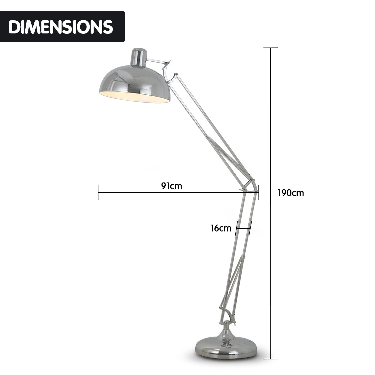 Sarantino Metal Architect Floor Lamp with adjustable height and chrome finish, featuring a half-globe shade for focused lighting.
