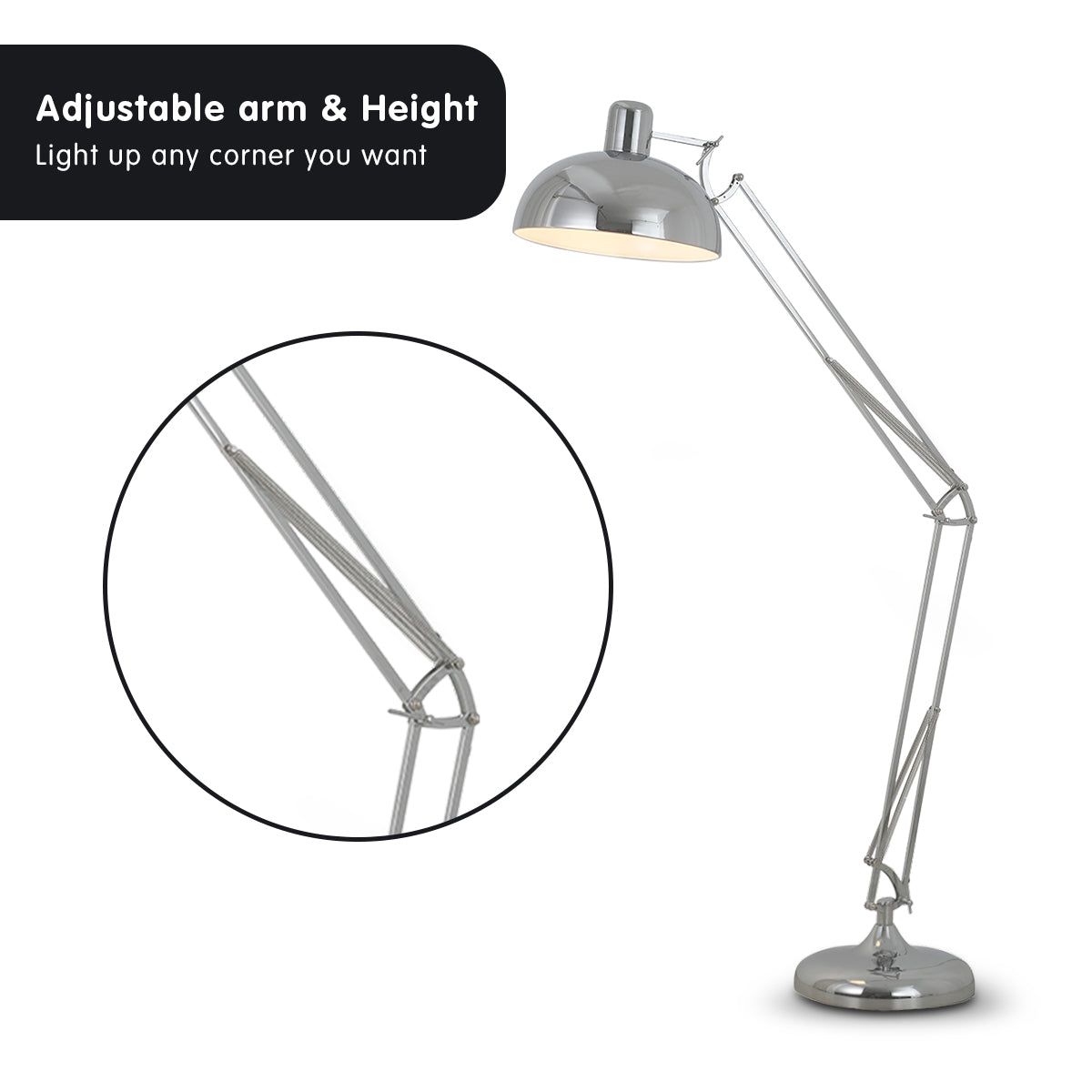 Sarantino Metal Architect Floor Lamp with adjustable height and chrome finish, featuring a half-globe shade for focused lighting.