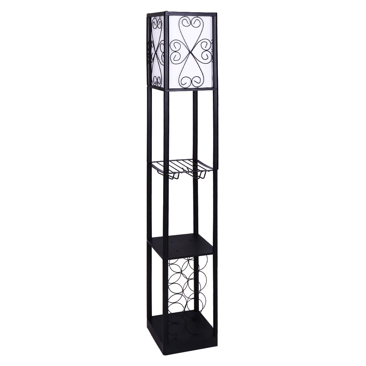 Sarantino Metal Etagere Floor Lamp with Wine Holder Shelf, featuring elegant scrollwork and off-white shade, perfect for wine storage and ambiance.