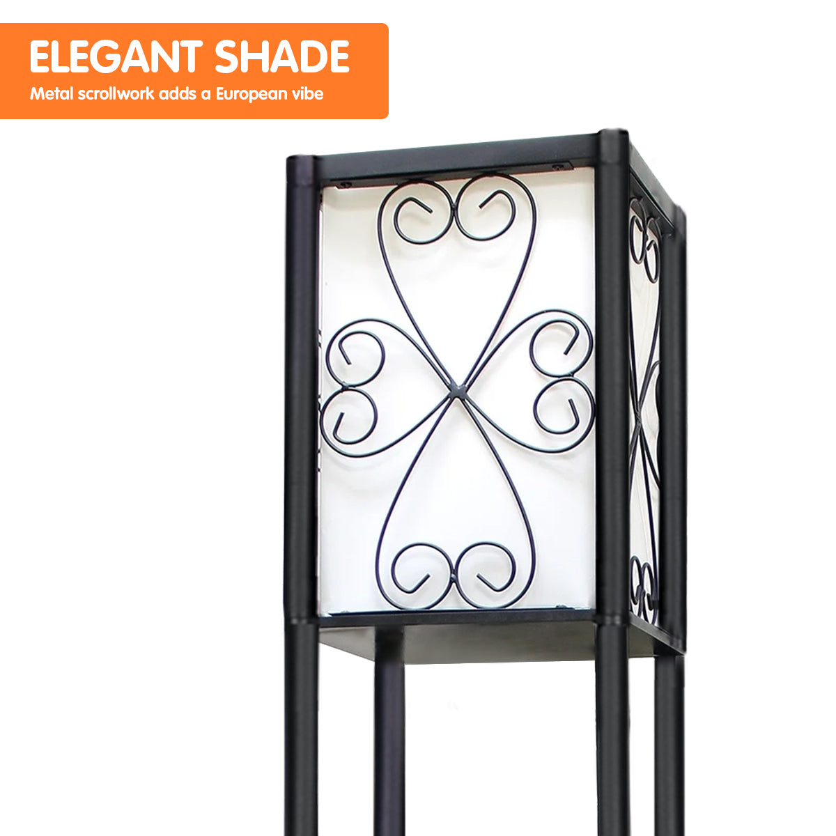 Sarantino Metal Etagere Floor Lamp with Wine Holder Shelf, featuring elegant scrollwork and off-white shade, perfect for wine storage and ambiance.