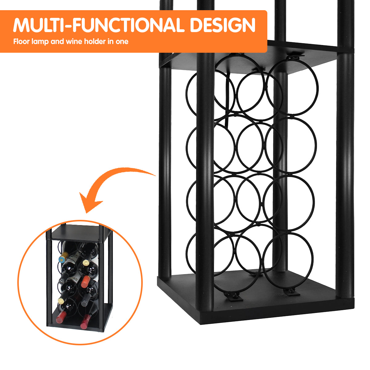 Sarantino Metal Etagere Floor Lamp with Wine Holder Shelf, featuring elegant scrollwork and off-white shade, perfect for wine storage and ambiance.