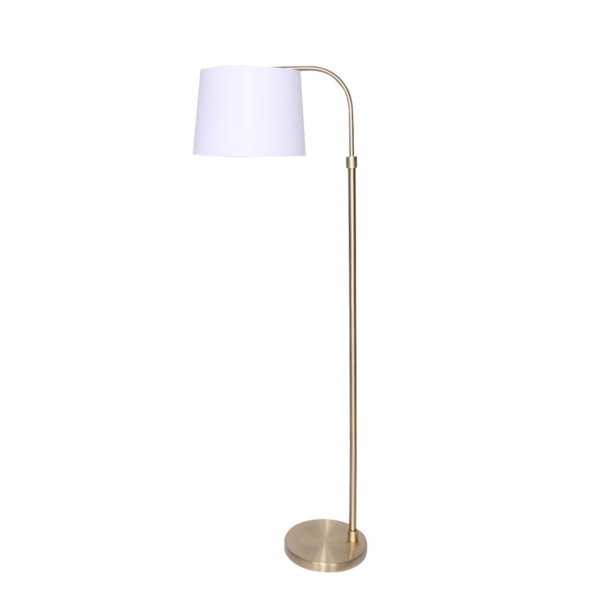 Sarantino Metal Floor Lamp with brass finish and white shade, showcasing adjustable height and arched design.