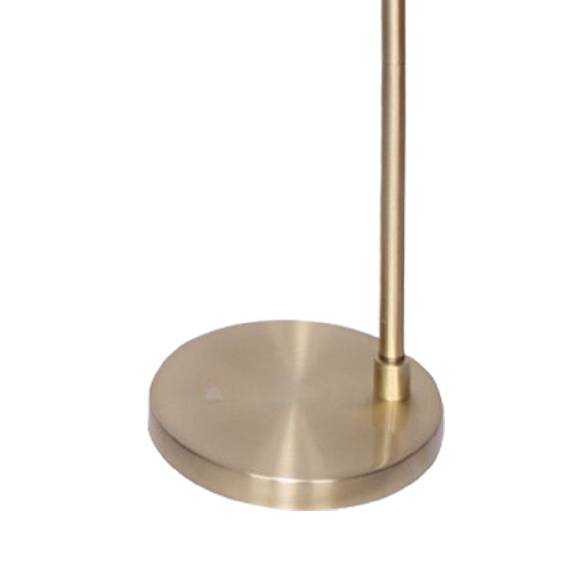 Sarantino Metal Floor Lamp with brass finish and white shade, showcasing adjustable height and arched design.