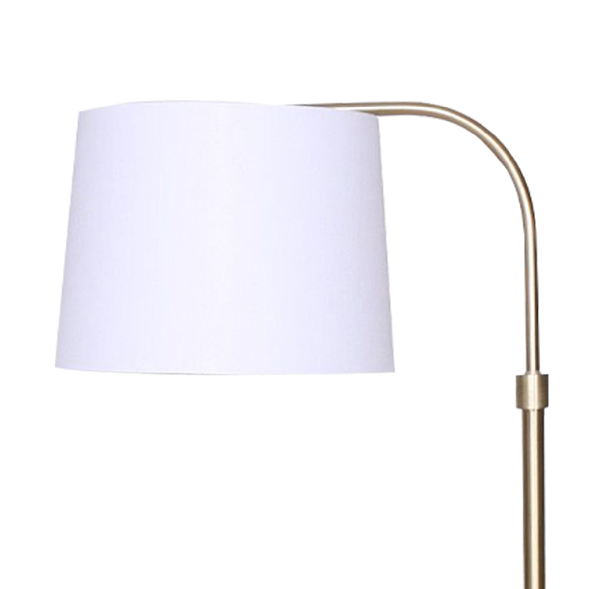 Sarantino Metal Floor Lamp with brass finish and white shade, showcasing adjustable height and arched design.