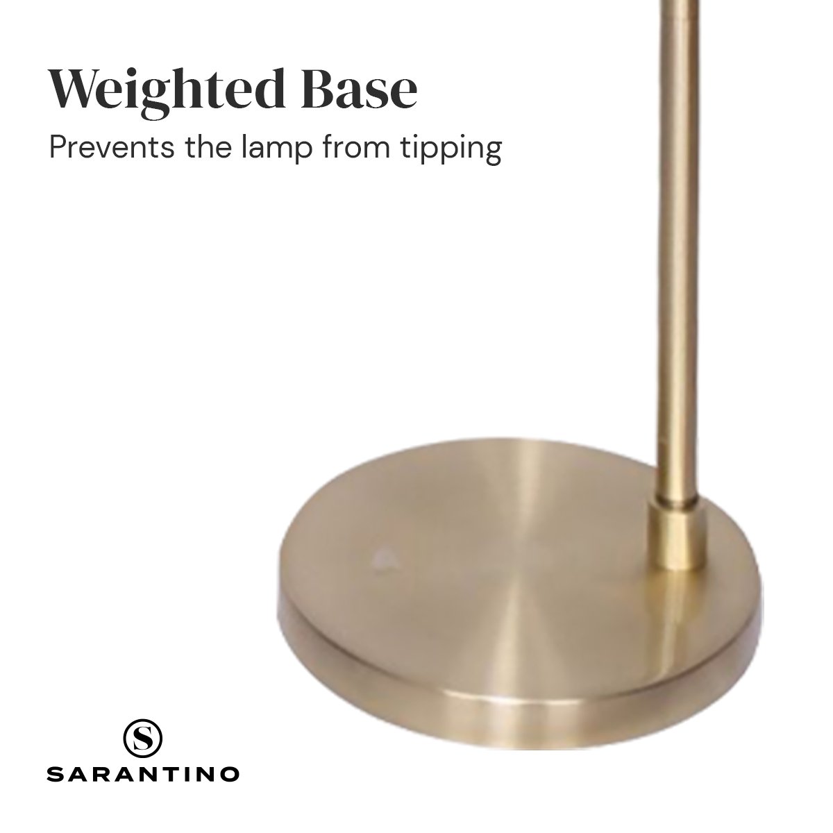 Sarantino Metal Floor Lamp with brass finish and white shade, showcasing adjustable height and arched design.