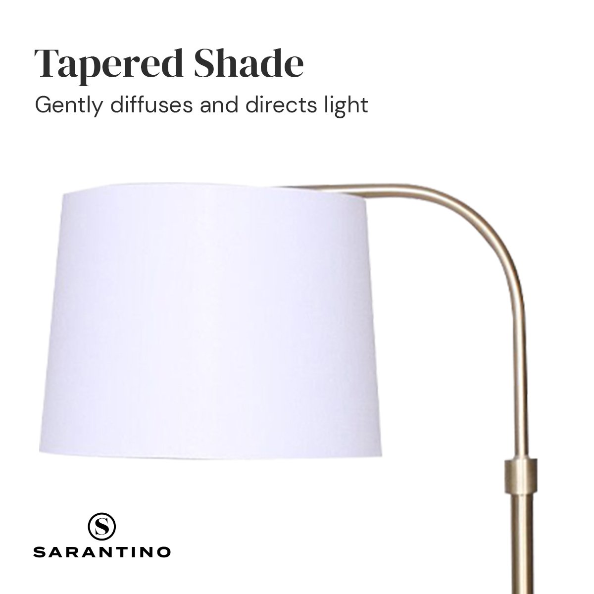 Sarantino Metal Floor Lamp with brass finish and white shade, showcasing adjustable height and arched design.