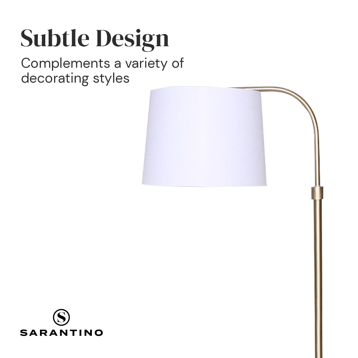 Sarantino Metal Floor Lamp with brass finish and white shade, showcasing adjustable height and arched design.