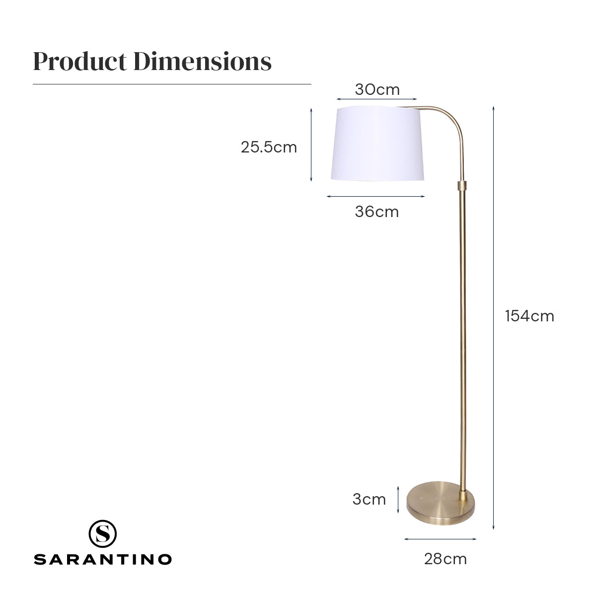 Sarantino Metal Floor Lamp with brass finish and white shade, showcasing adjustable height and arched design.