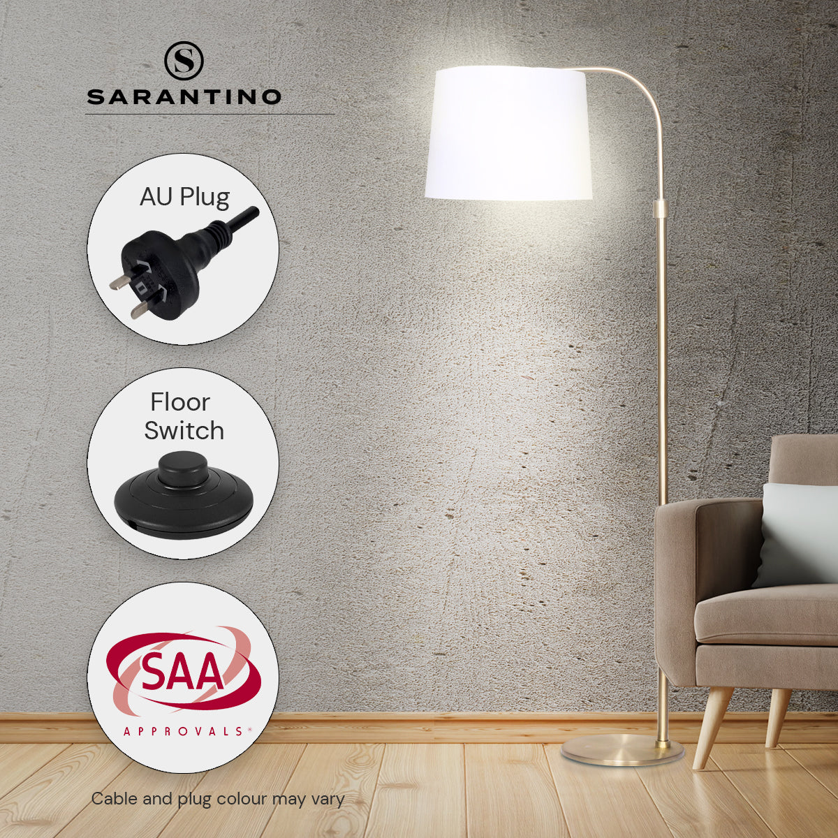 Sarantino Metal Floor Lamp with brass finish and white shade, showcasing adjustable height and arched design.