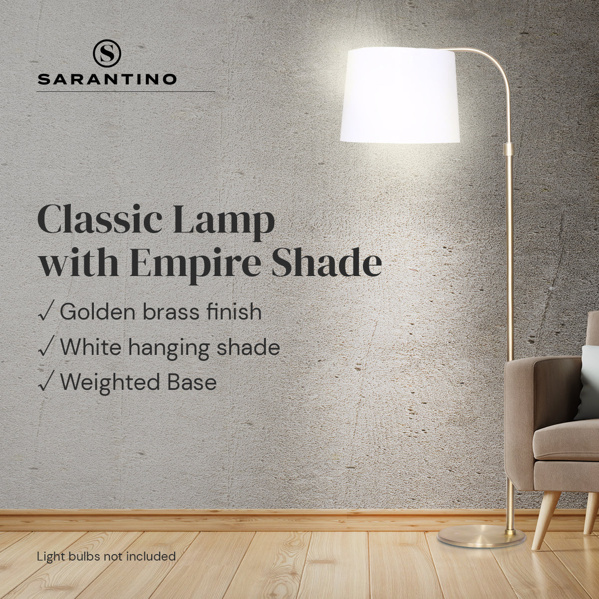Sarantino Metal Floor Lamp with brass finish and white shade, showcasing adjustable height and arched design.