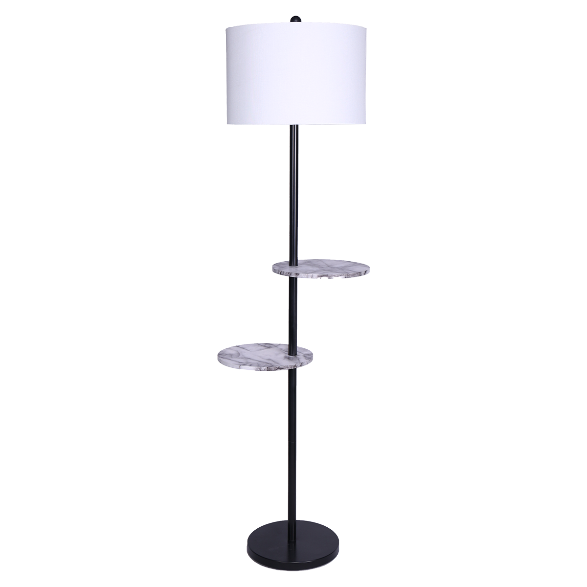 Sarantino Metal Floor Lamp with black post and marble-effect shelves, featuring a white drum shade, ideal for modern interiors.