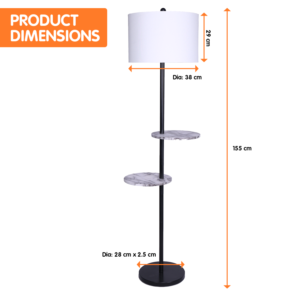 Sarantino Metal Floor Lamp with black post and marble-effect shelves, featuring a white drum shade, ideal for modern interiors.