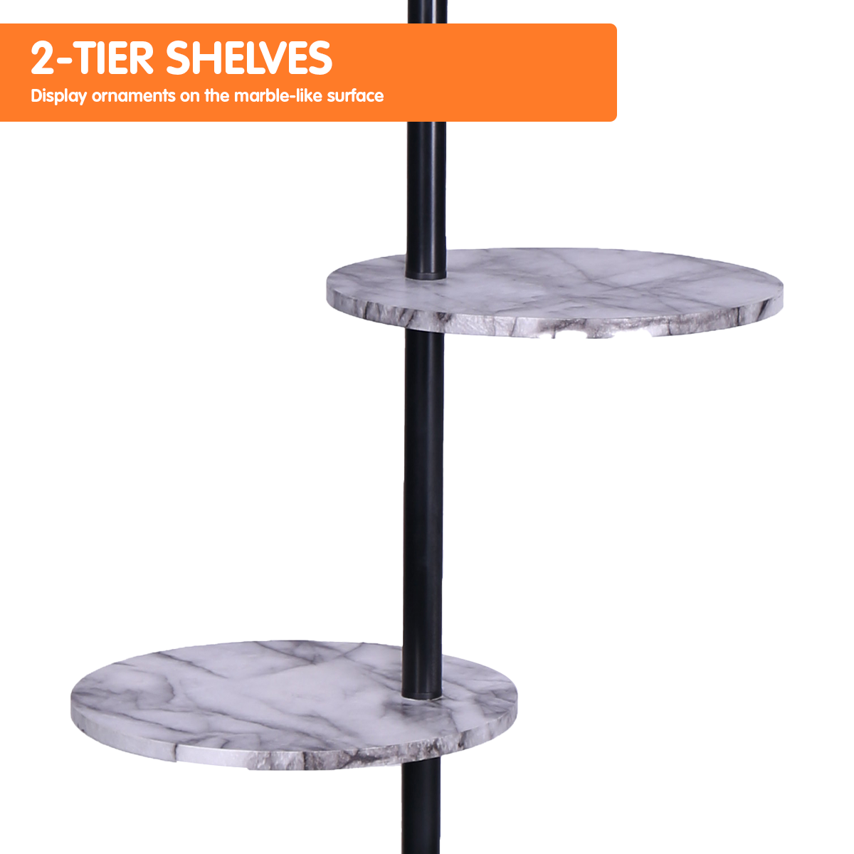 Sarantino Metal Floor Lamp with black post and marble-effect shelves, featuring a white drum shade, ideal for modern interiors.