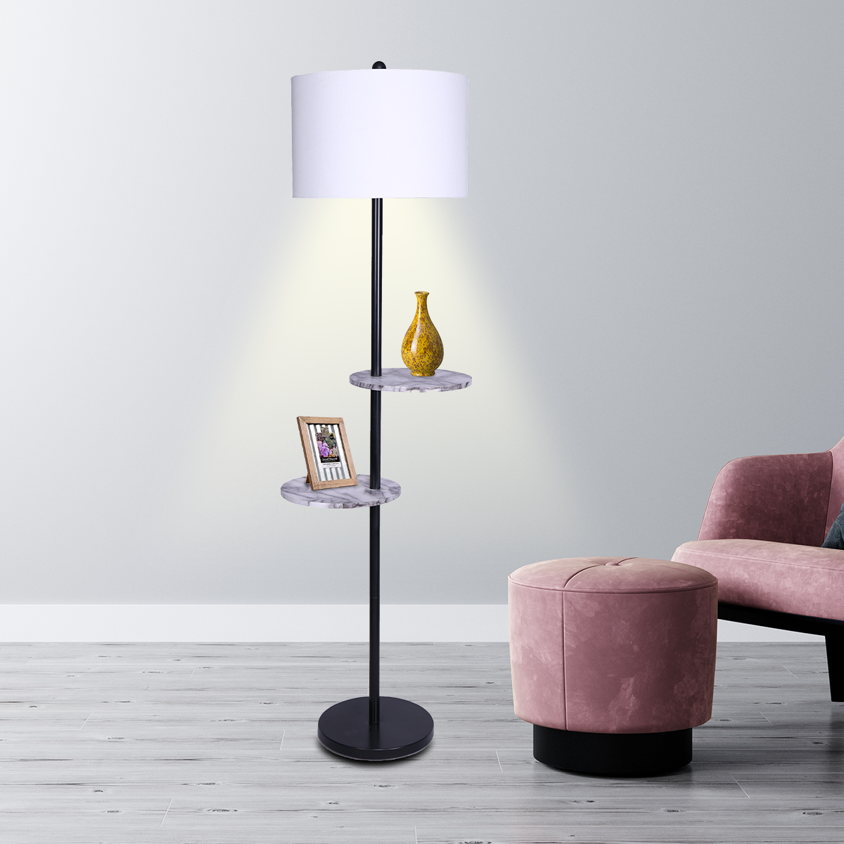 Sarantino Metal Floor Lamp with black post and marble-effect shelves, featuring a white drum shade, ideal for modern interiors.