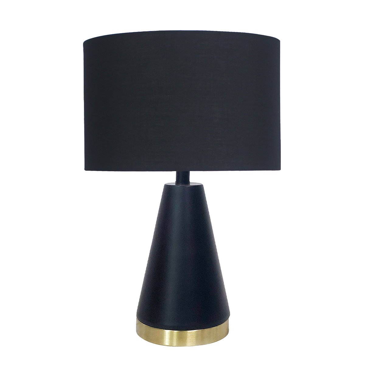 Sarantino Metal Table Lamp featuring a black and gold tapered metal base with a black fabric shade, elegantly illuminating a tabletop.
