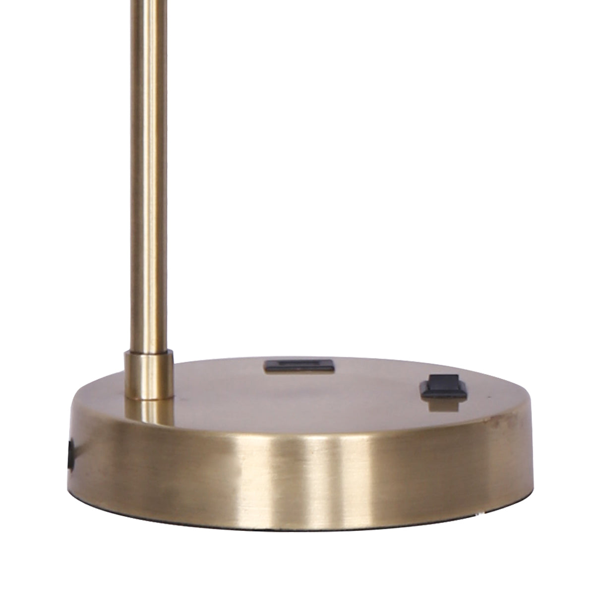 Sarantino Metal Task Lamp with USB Charging Port in Antique Brass Finish, featuring a white fabric shade and sleek design.