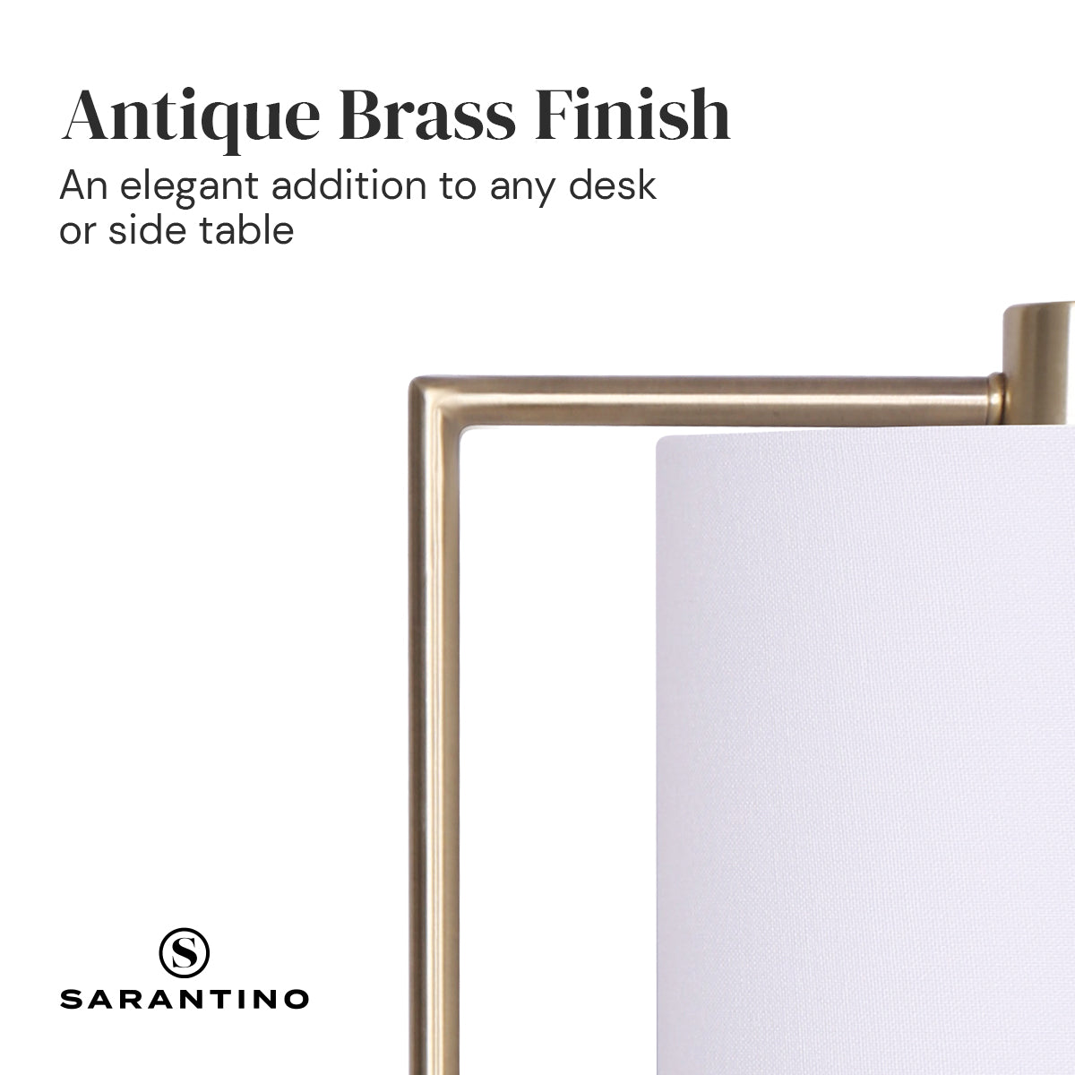 Sarantino Metal Task Lamp with USB Charging Port in Antique Brass Finish, featuring a white fabric shade and sleek design.