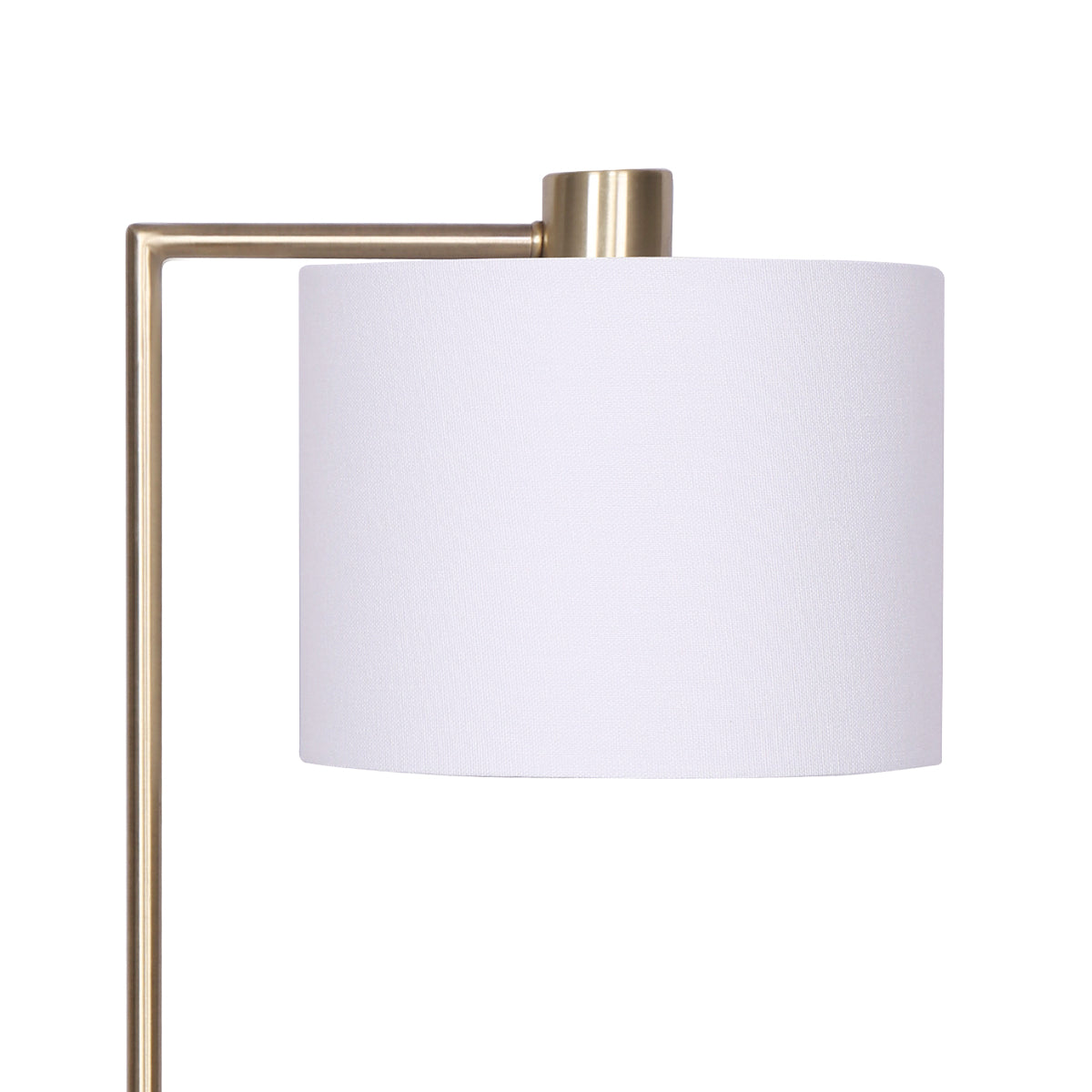 Sarantino Metal Task Lamp with USB Charging Port in Antique Brass Finish, featuring a white fabric shade and sleek design.