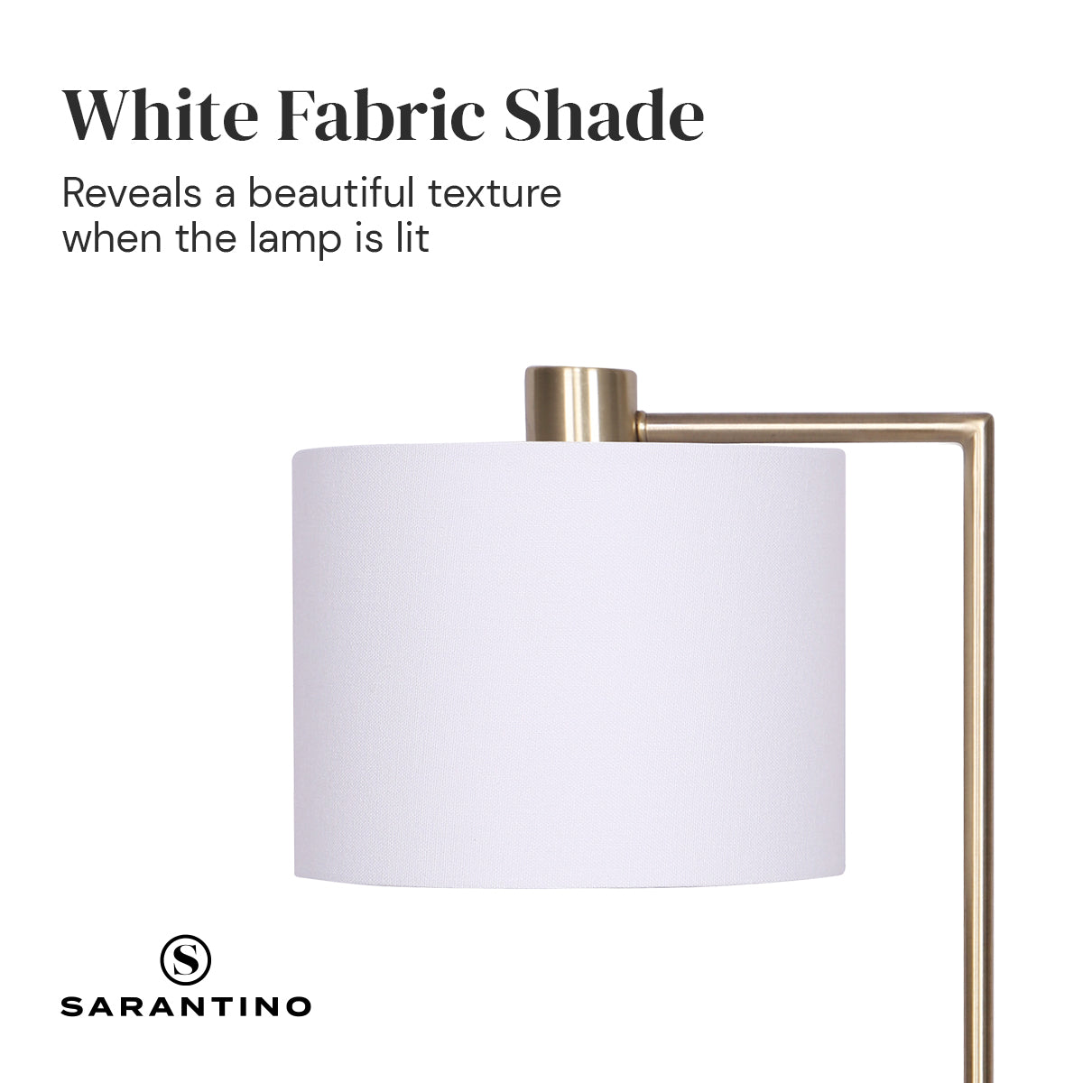 Sarantino Metal Task Lamp with USB Charging Port in Antique Brass Finish, featuring a white fabric shade and sleek design.