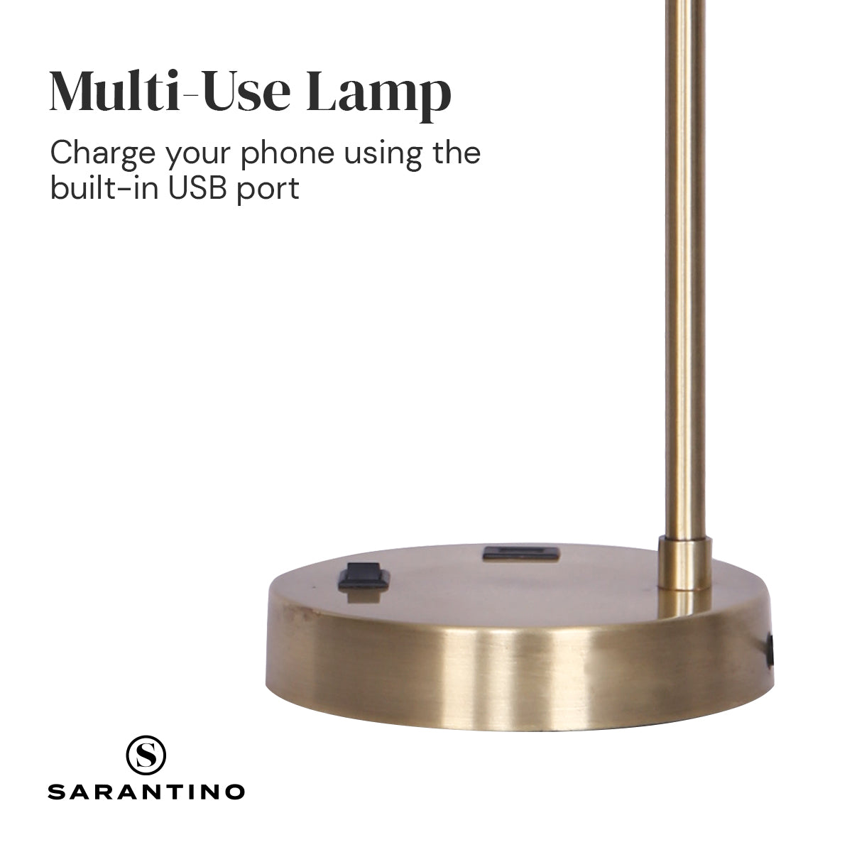 Sarantino Metal Task Lamp with USB Charging Port in Antique Brass Finish, featuring a white fabric shade and sleek design.