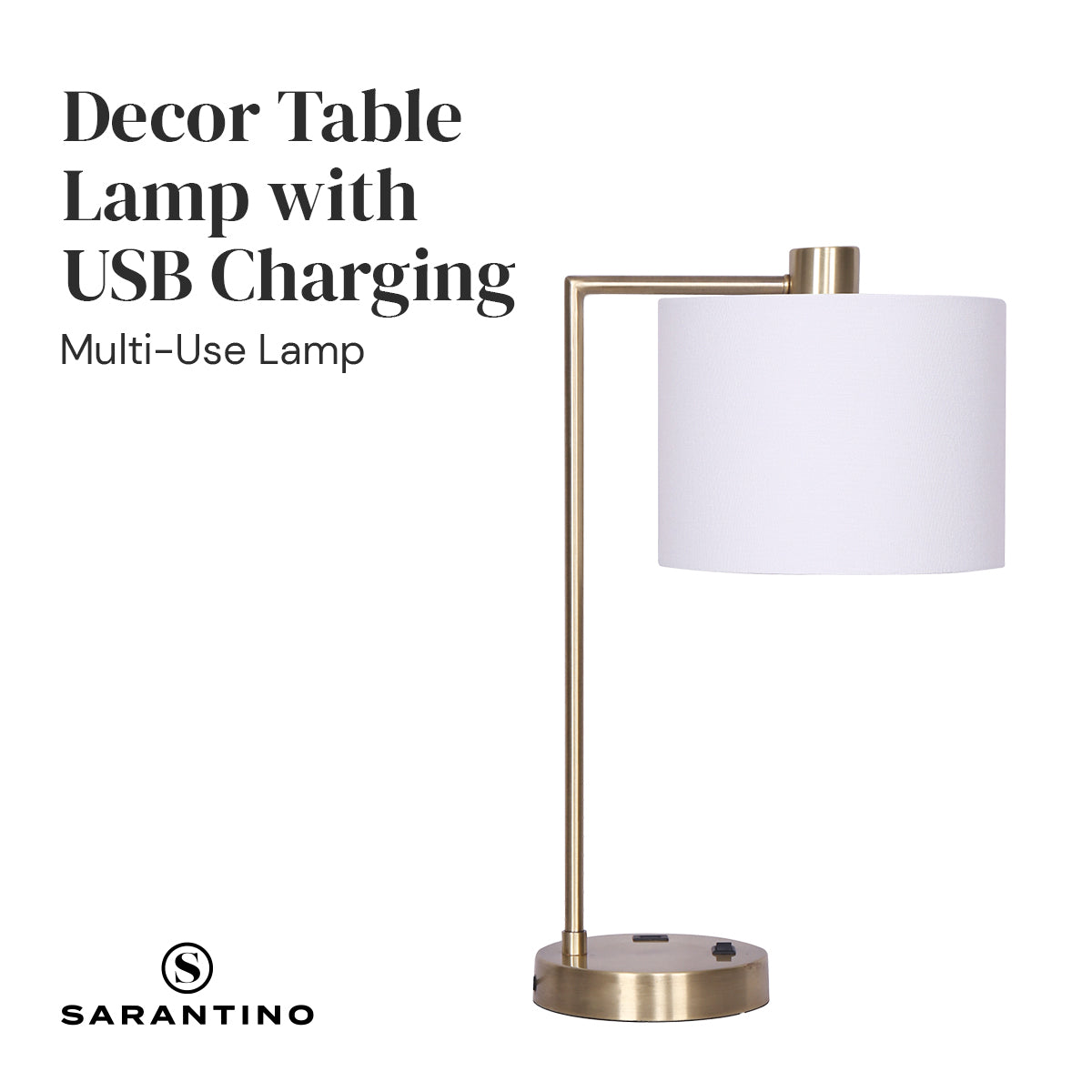 Sarantino Metal Task Lamp with USB Charging Port in Antique Brass Finish, featuring a white fabric shade and sleek design.
