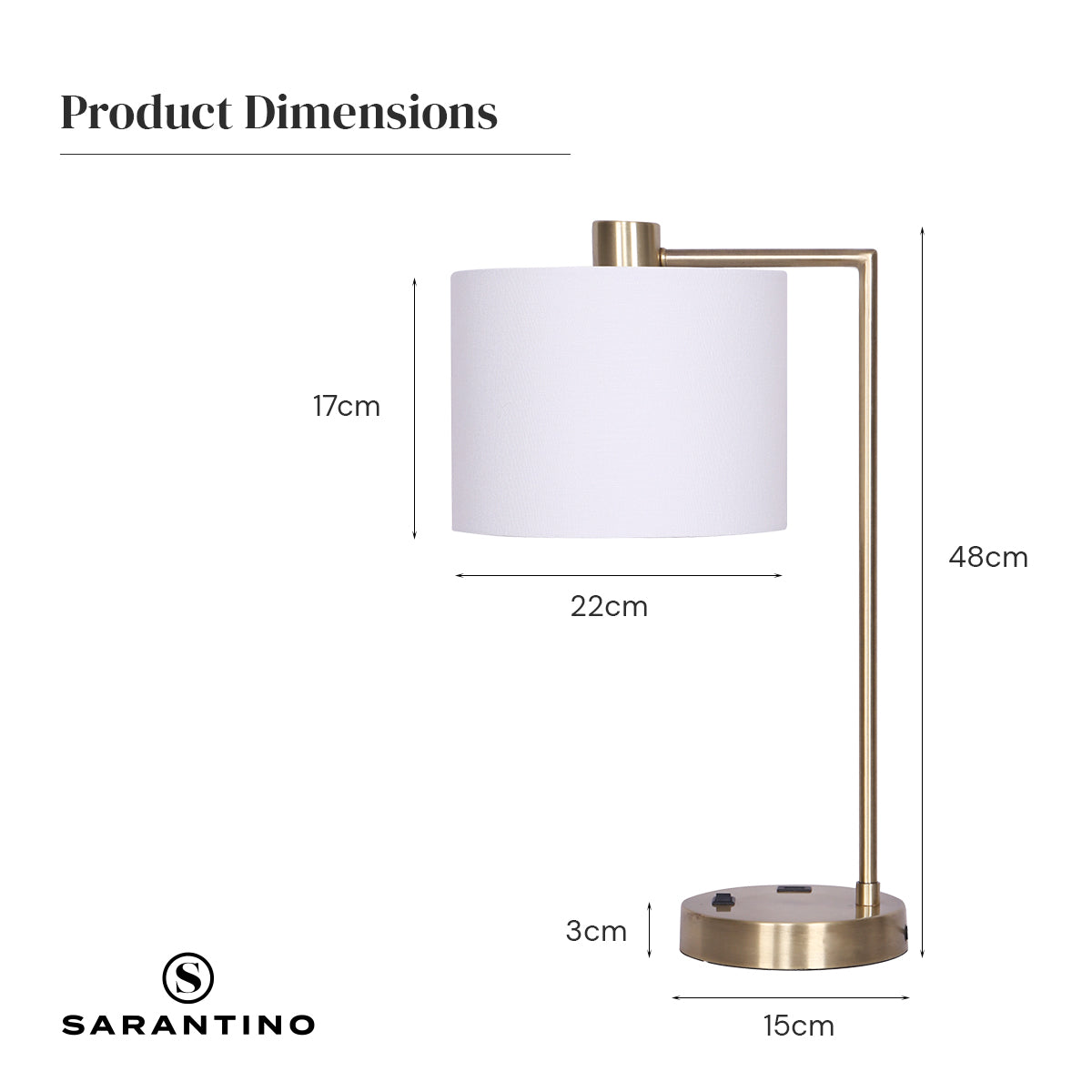 Sarantino Metal Task Lamp with USB Charging Port in Antique Brass Finish, featuring a white fabric shade and sleek design.