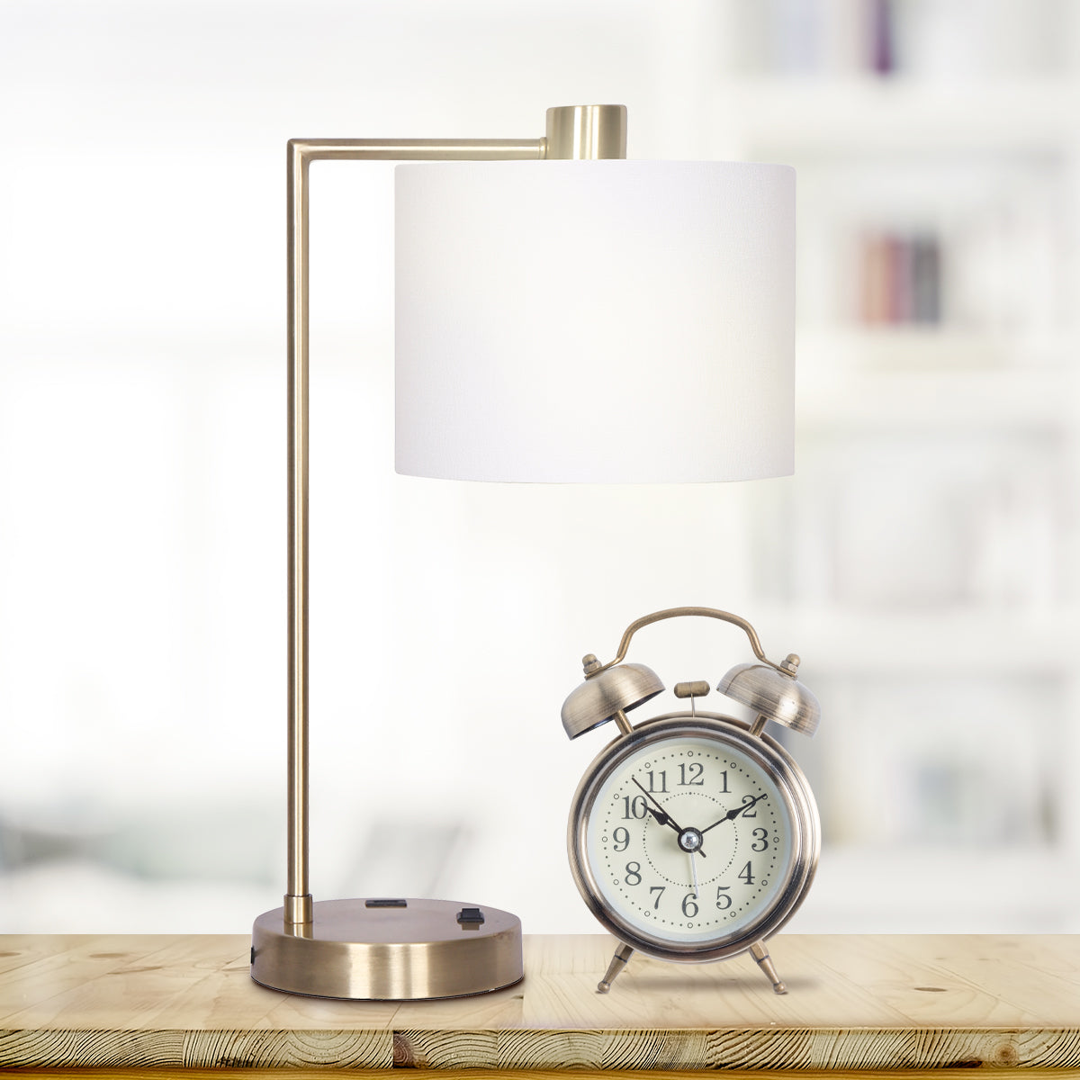 Sarantino Metal Task Lamp with USB Charging Port in Antique Brass Finish, featuring a white fabric shade and sleek design.