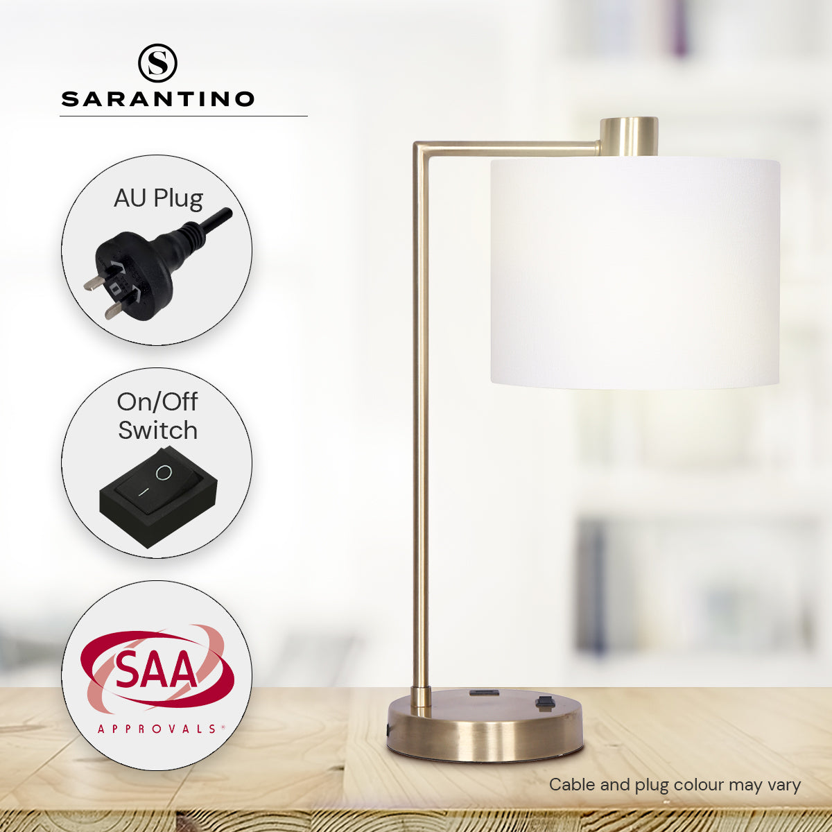 Sarantino Metal Task Lamp with USB Charging Port in Antique Brass Finish, featuring a white fabric shade and sleek design.