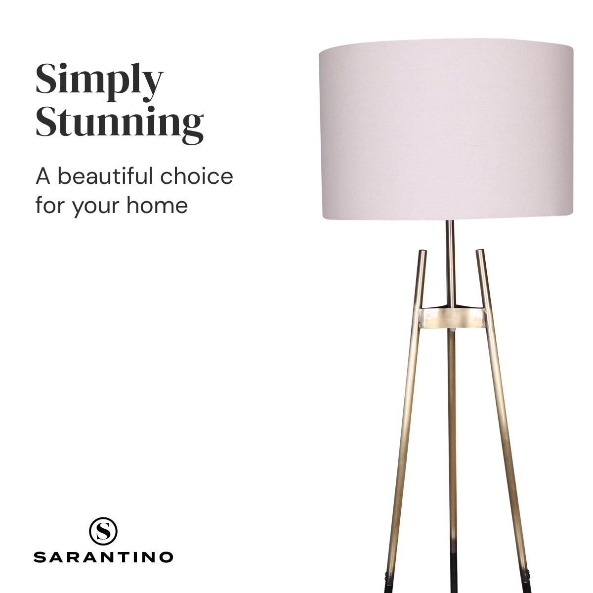 Sarantino Metal Tripod Electric Floor Lamp with gradient gold and black finish and neutral linen drum shade, elegantly designed for modern interiors.