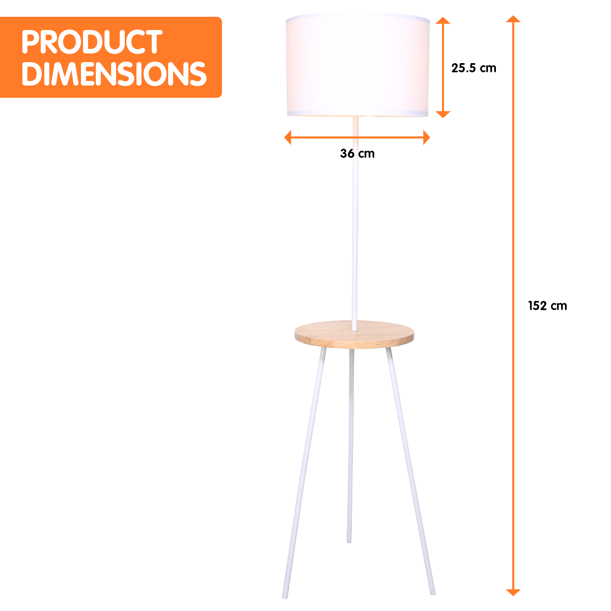 Sarantino Metal Tripod Floor Lamp with Wooden Table Shelf, showcasing a minimalist design and soft drum shade.