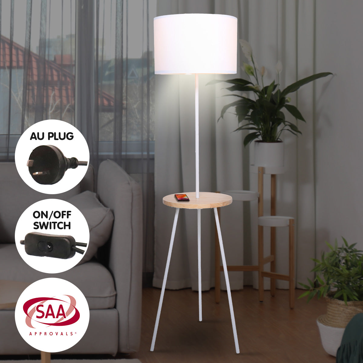 Sarantino Metal Tripod Floor Lamp with Wooden Table Shelf, showcasing a minimalist design and soft drum shade.