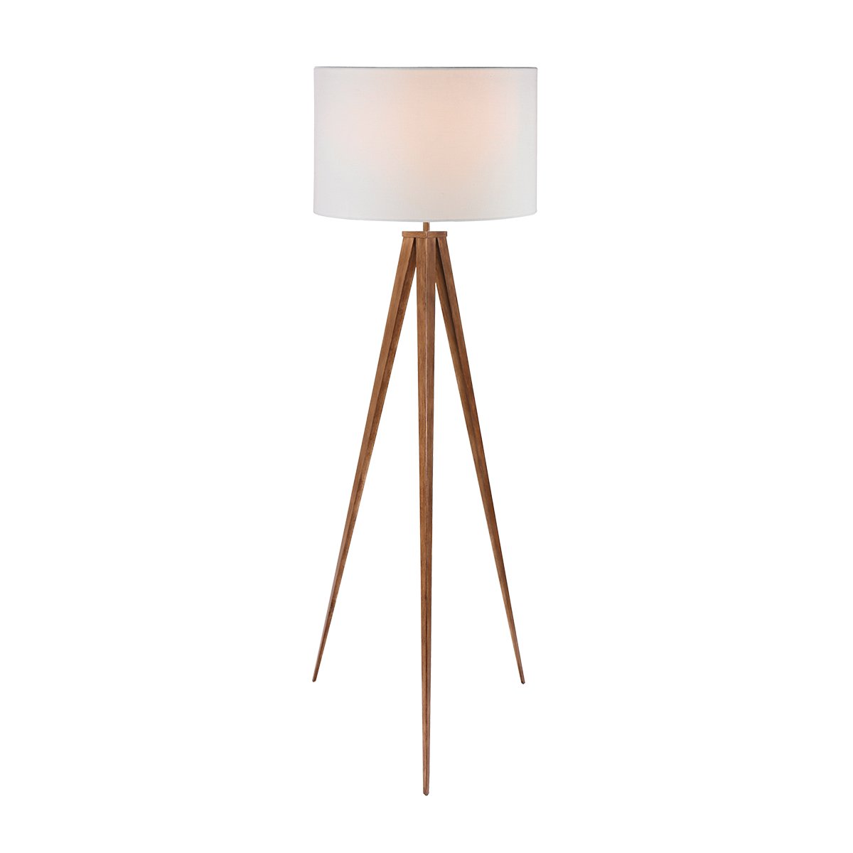 Sarantino Metal Tripod Floor Spot Lamp with wooden finish and white drum shade, showcasing its elegant design and sturdy tripod legs.