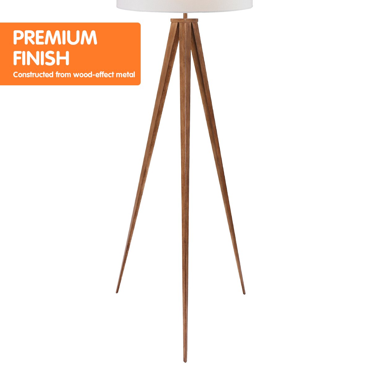 Sarantino Metal Tripod Floor Spot Lamp with wooden finish and white drum shade, showcasing its elegant design and sturdy tripod legs.