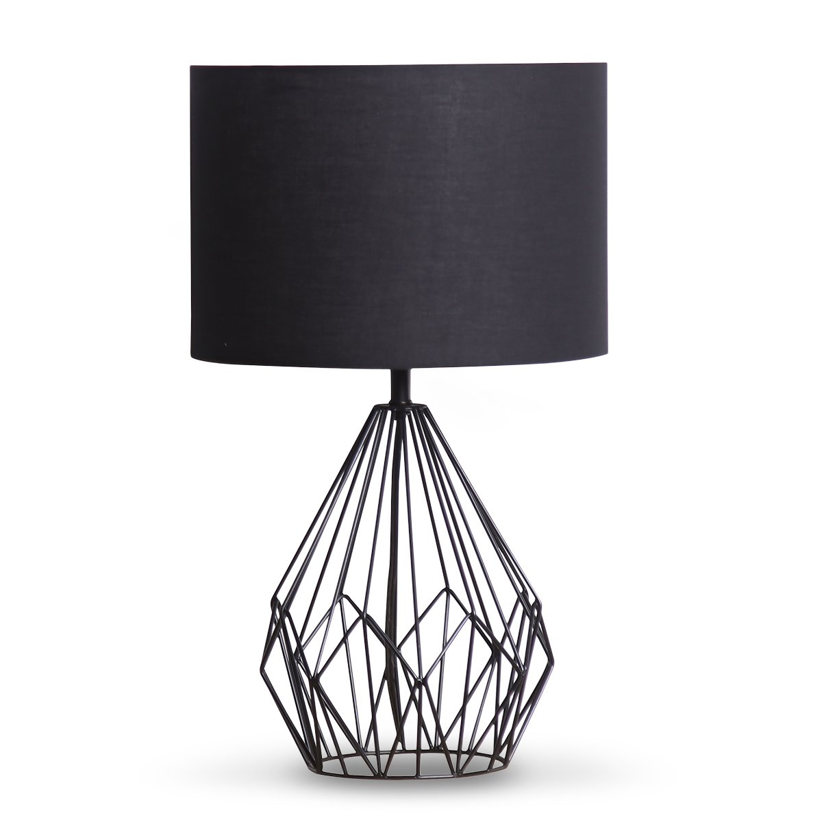 Sarantino Metal Wire Table Lamp featuring a black finish and black drum shade, showcasing its geometric design and lightweight frame.