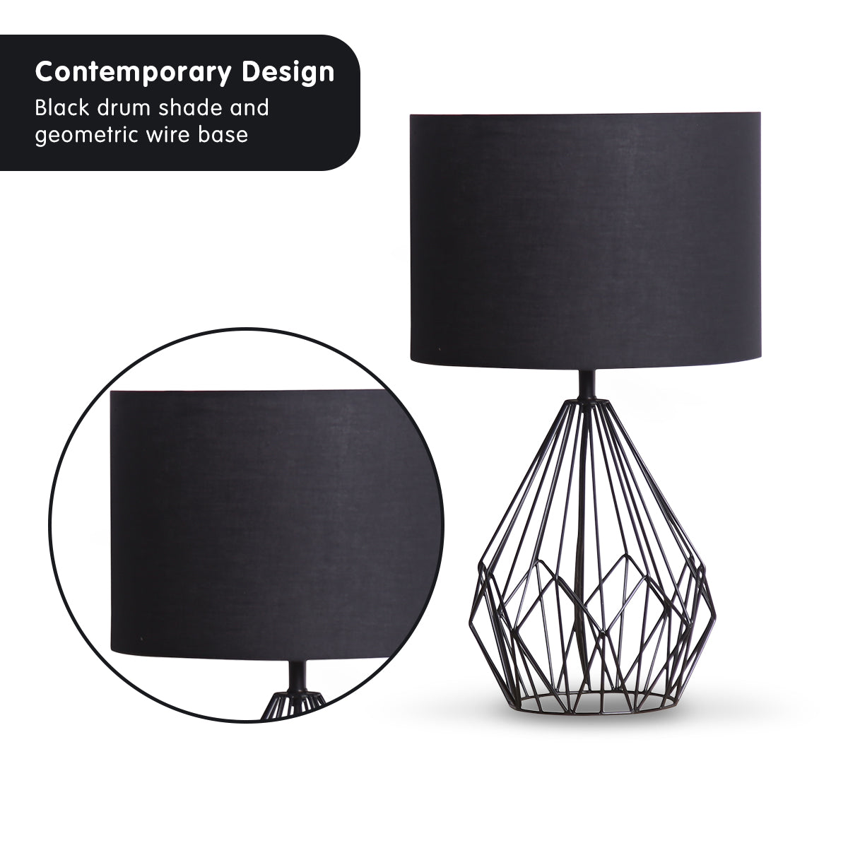 Sarantino Metal Wire Table Lamp featuring a black finish and black drum shade, showcasing its geometric design and lightweight frame.