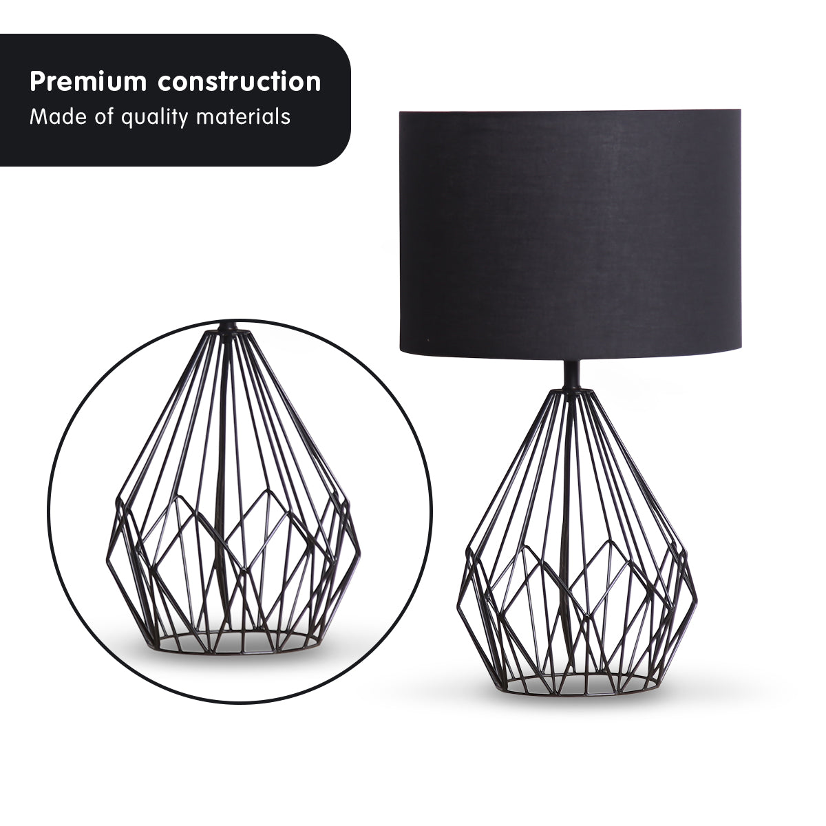 Sarantino Metal Wire Table Lamp featuring a black finish and black drum shade, showcasing its geometric design and lightweight frame.