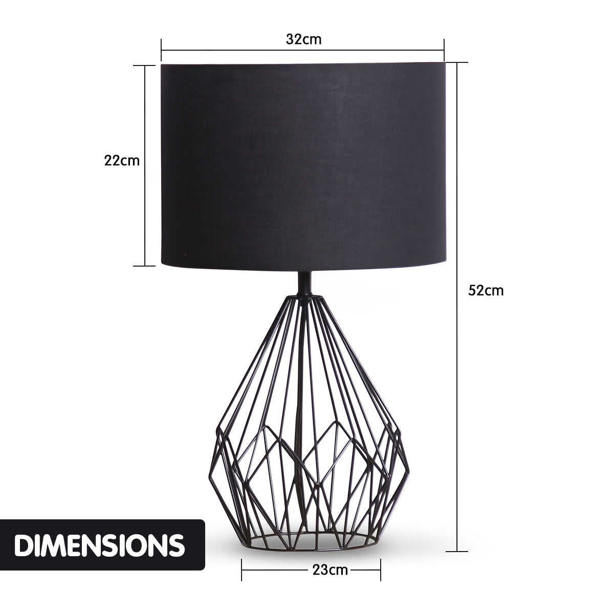 Sarantino Metal Wire Table Lamp featuring a black finish and black drum shade, showcasing its geometric design and lightweight frame.