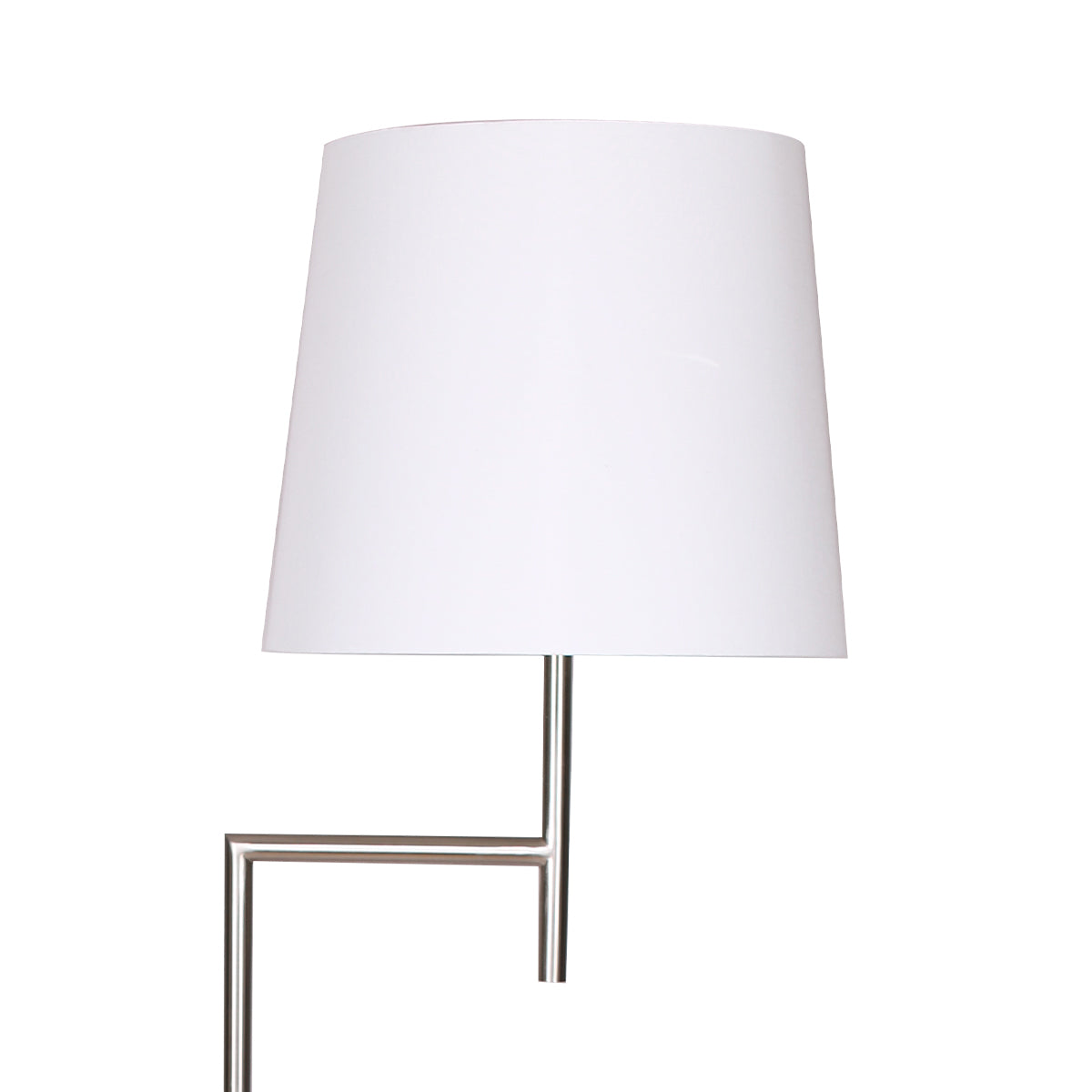 Sarantino Nickel Metal Arc Floor Lamp with a sleek nickel finish and white tapered shade, perfect for modern decor.