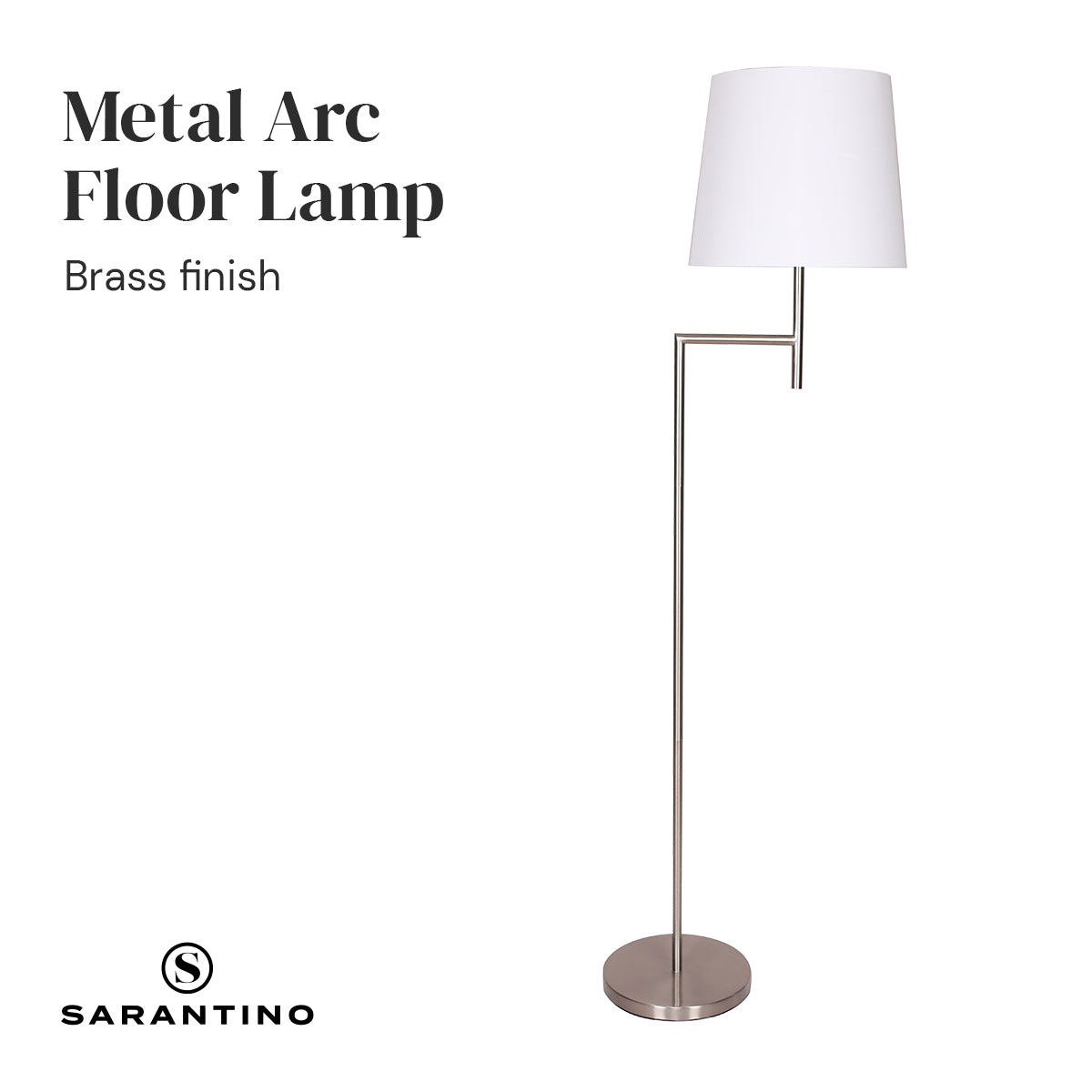 Sarantino Nickel Metal Arc Floor Lamp with a sleek nickel finish and white tapered shade, perfect for modern decor.