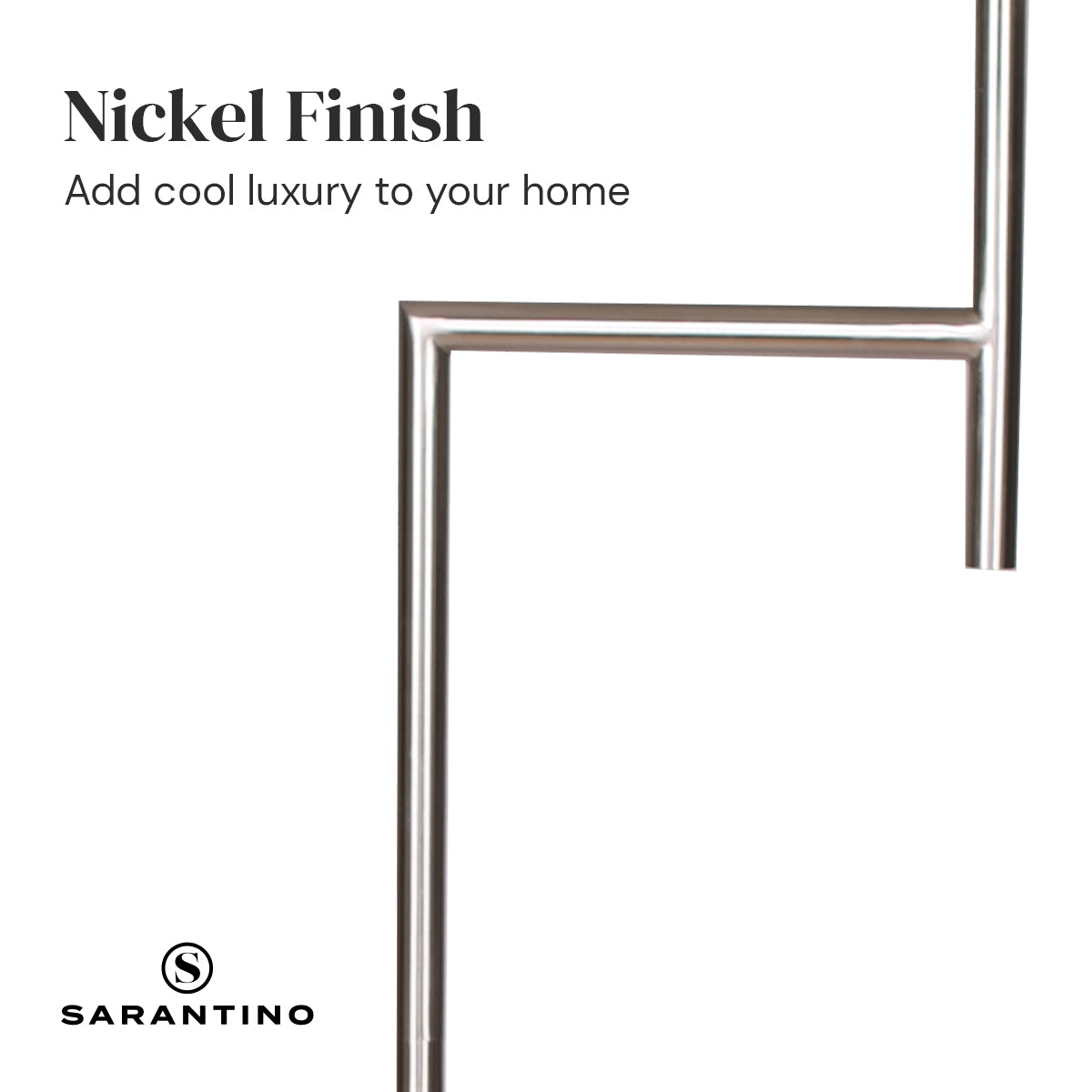 Sarantino Nickel Metal Arc Floor Lamp with a sleek nickel finish and white tapered shade, perfect for modern decor.